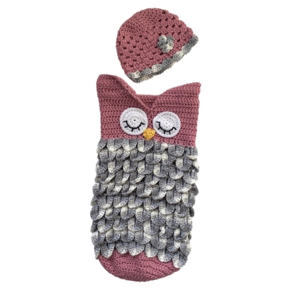 Hand knit owl design swaddle sack and hat
